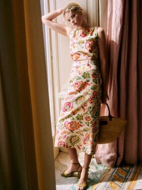 SEZANE NORMA FLORAL PRINT LINEN MIDI SKIRT 36 4